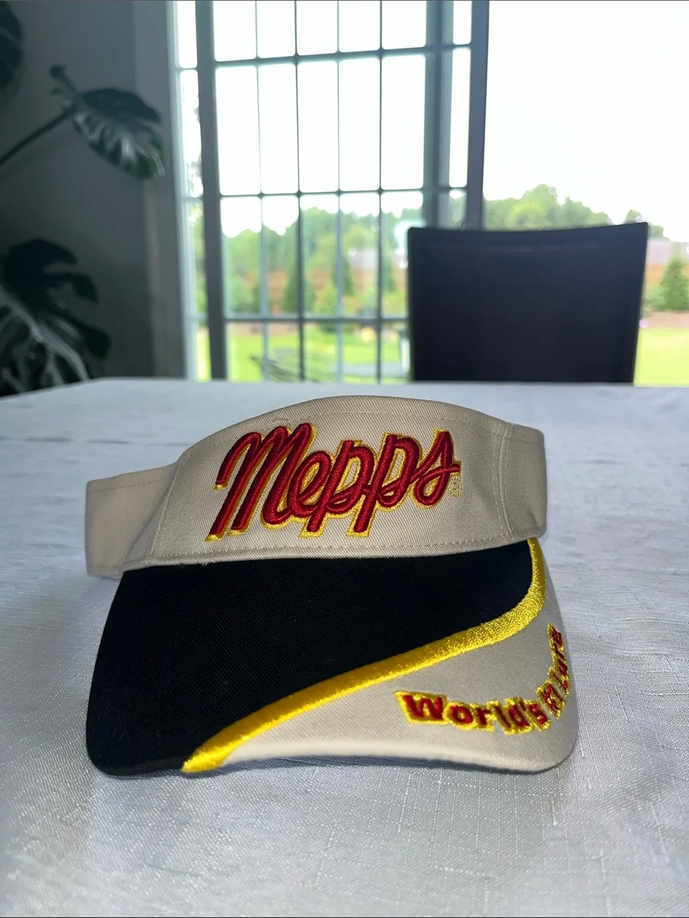 Vintage Mepps Embroidered Visor Hat in White, Black & Yellow